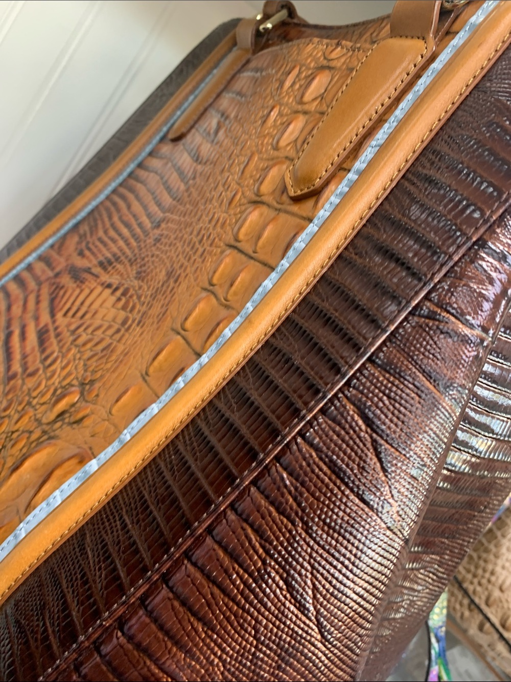 Brahmin Tan and Dark Brown Croc-Embossed Leather Tote with Gold Charm - Picture 6 of 7